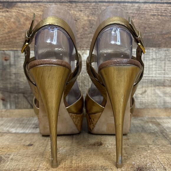 Miu Miu Gold Strappy Stiletto Open Toe Heels Cork Sole Size 39.5 9.5 - Picture 8 of 14